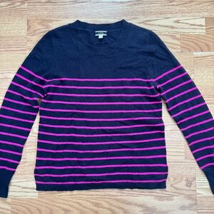 J. Crew black crewneck sweater with Hot Pink Stripes 100% cashmere